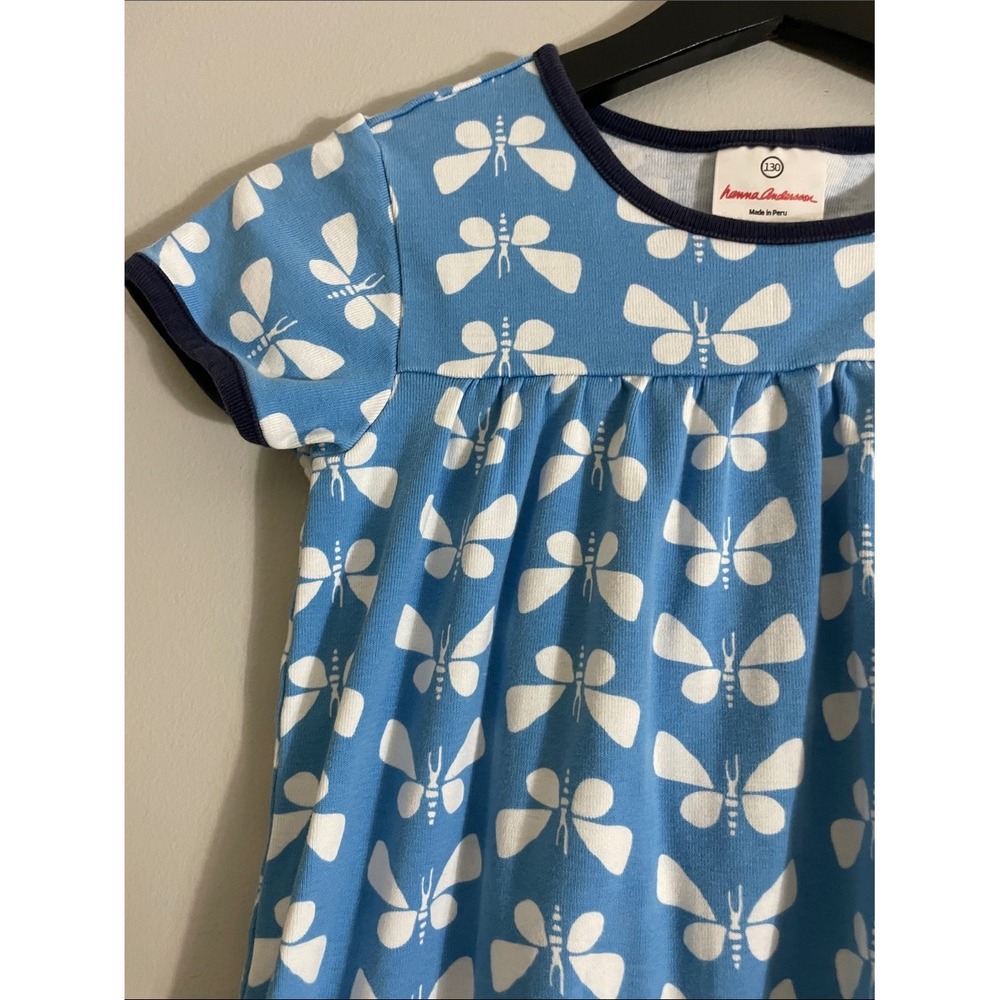 Hanna Andersson Dress Cotton Butterfly Print 130 Blue Short Sleeve Kids - Picture 4 of 8